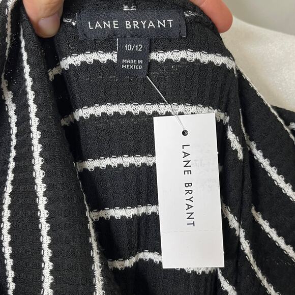 Lane Bryant Womens Knit Top 10/12 Black White Striped Hoodie Peplum Short Sleeve - Picture 7 of 10